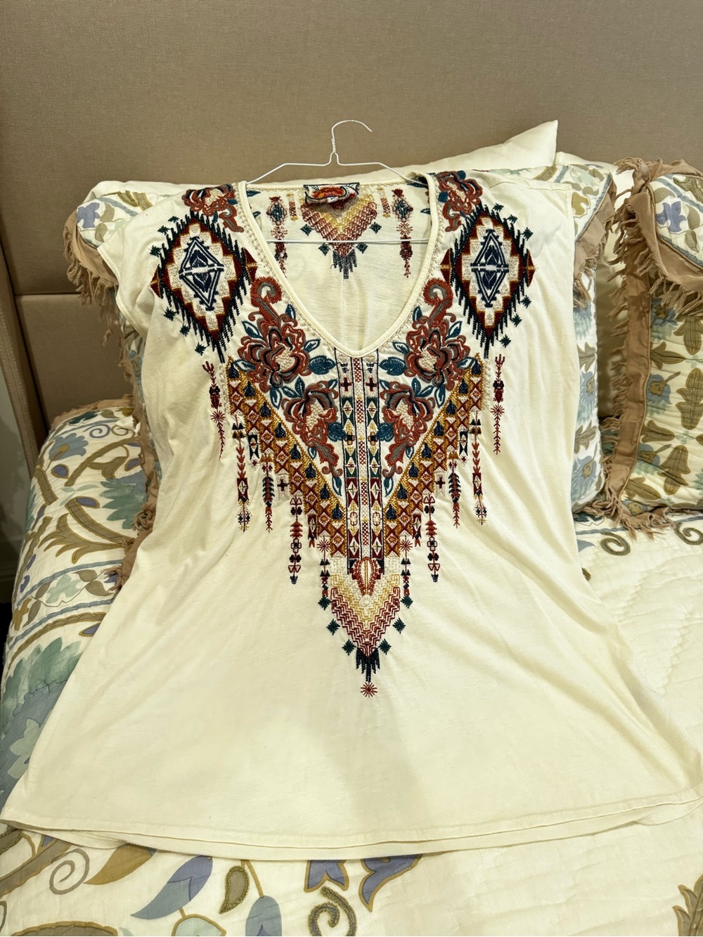 Johnny Was Cream Embroidered V-Neck Tunic with Rust and Navy Accents